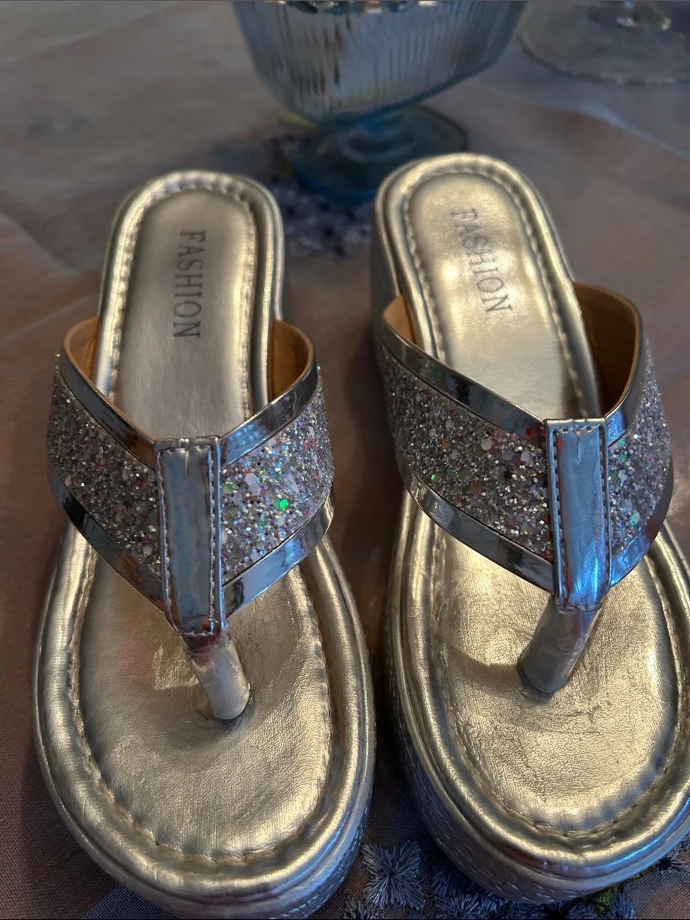 Fashion Silver Glitter Platform Thong Sandals for Women - Platform Flip Flops